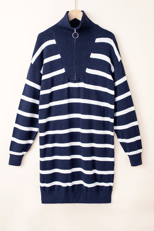 Striped O-Ring Zip Front Collared Drop Shoulder Long Sleeve Sweater Dress